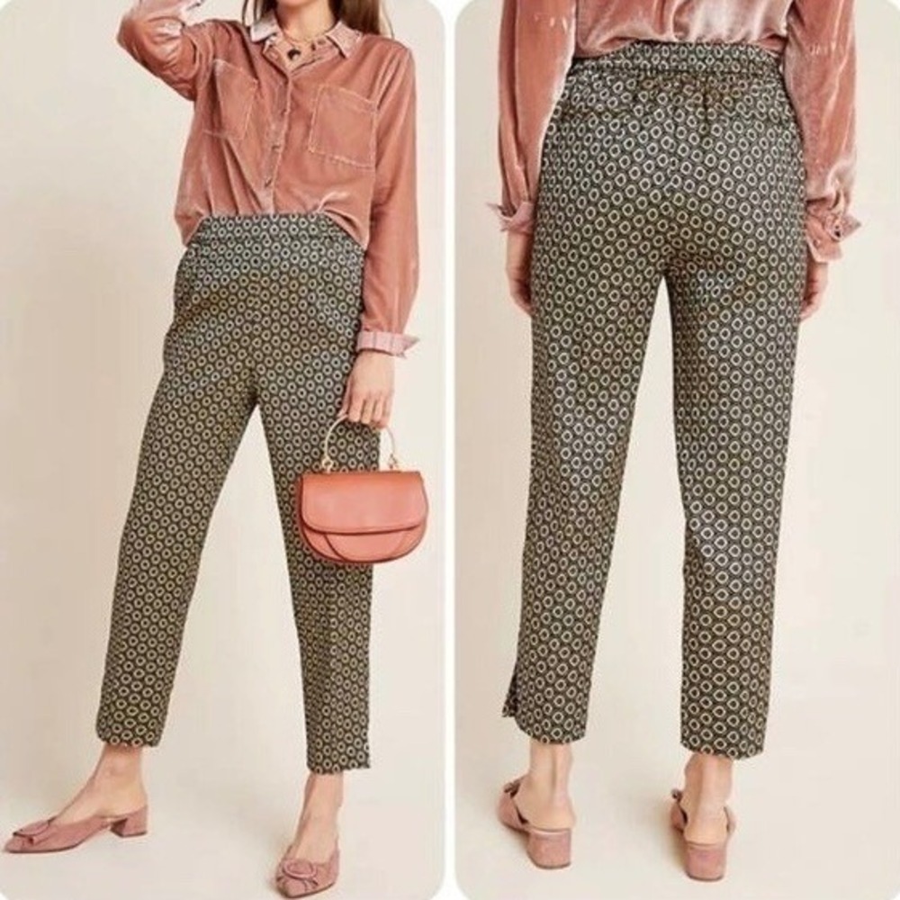 Anthropologie Larkin Jacquard Tapered Pants Womens Sz M Gold Black Elastic Waist